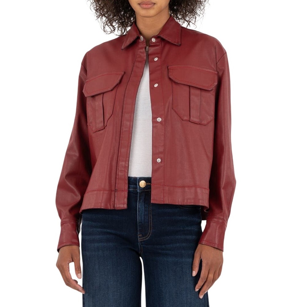 KUT from the Kloth Remy Jacket, Faux Red Leather Jacket, Relaxed Fit, Size Small
